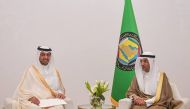 Secretary-General of the Cooperation Council for the Arab States of the Gulf H E Dr. Nayef Falah Mubarak Al Hajraf (right) meeting with Ambassador of Qatar to Saudi Arabia H E Bandar bin Mohammed Al Attiyah.