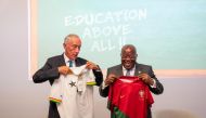 Portuguese  President Marcelo Rebelo de Sousa and Ghanaian  President Nana Akufo-Addo exchange jerseys before a football match between two countries during an event hosted by Education Above All  inside the FIFA Fan Festival. 