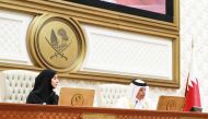 Speaker H E Hassan bin Abdullah Al Ghanim and Deputy Speaker H E Dr. Hamda bint Hassan Al Sulaiti at the Shura Council’s weekly session yesterday.