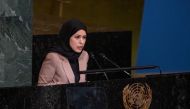 Permanent Representative of Qatar to the United Nations H E Ambassador Sheikha Alya Ahmed bin Saif Al Thani speaking before 77th session of the UN General Assembly.