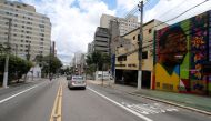 View of a mural depicting Brazilian football legend Pele by Brazilian artist Aleksandro Reis in Sao Paulo, Brazil, on December 3, 2022.  (Photo by Miguel Schincariol / AFP)