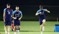 Croatia's Marko Livaja and Josko Gvardiol during a FIFA World Cup Qatar 2022 training at the Al Erssal Training Site 3, Doha, Qatar, on December 7, 2022.  REUTERS/Suhaib Salem