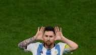 Lionel Messi celebrates after he scored his team’s second goal from the penalty spot. AFP