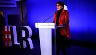 LR Party's temporary president Annie Genevard delivers a speech at the Les Republicains party headquarters in Paris on December 11, 2022, after the results of the second round of the LR presidency election. (Photo by Christophe ARCHAMBAULT / AFP)
