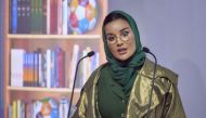 H H Sheikha Moza bint Nasser, EAA Chairperson, speaking at the closing ceremony of the ‘Scoring for the Goals’ campaign.