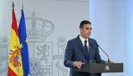 In this handout image released by La Moncloa on December 20, 2022, Spanish Prime Minister Pedro Sanchez gives an institutional statement in Madrid.  (Photo by Borja Puig de la Bellacasa / LA MONCLOA / AFP)