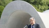 UN Secretary General Antonio Guterres delivers a speech during a ceremony to mark the 77th anniversary of the world's first atomic bombing, at Peace Memorial Park in Hiroshima, western Japan, on August 6, 2022, in this photo taken by Kyodo. Mandatory credit Kyodo via REUTERS
