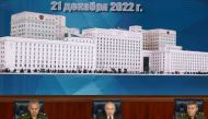 (From left) Defence Minister Sergei Shoigu, Russian President Vladimir Putin and Chief of the Russian General Staff Valery Gerasimov attend an expanded meeting of the Russian Defence Ministry Board at the National Defence Control Centre in Moscow, on December 21, 2022. (Photo by Sergey Fadeichev and Sergey FADEICHEV / Sputnik / AFP)