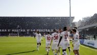  AC Milan players celebrate scoring their first goal during the Serie A match Serie A against Salernitana at the Stadio Arechi, Salerno, Italy on January 4, 2023.  REUTERS/Ciro De Luca