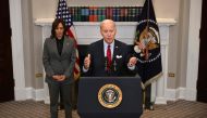 US President Joe Biden, with US Vice President Kamala Harris, speaks about border security and enforcement, in the Roosevelt Room of the White House in Washington, DC, on January 5, 2023. (Photo by Jim WATSON / AFP)
