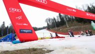 This photograph taken on January 5, 2023, shows patches were snow has melted away at the finish area of the Women slalom race at the 2022/23 FIS Alpine Ski World Cup on Zagreb's Mount Sljeme. (Photo by Damir Sencar / AFP)