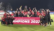 World Giants placers celebrate after winning the Legends League Cricket 2022 title at the Oman Cricket Academy Ground, Muscat, in this January 27, 2022 file photo. PIC: LLC