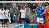 Tottenham Hotspur's English striker Harry Kane (centre) celebrates after scoring the opening goal of the English FA Cup third round football match between Tottenham Hotspur and Portsmouth at Tottenham Hotspur Stadium in London, on January 7, 2023. (Photo by Ian Kington / AFP) 