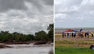 (Left) A view shows damaged Fitzroy Crossing bridge and (right) people being evacuated from Fitzroy Crossing Airport, in Fitzroy crossing, Australia January 7, 2023, in this picture obtained from a video. Joe Ross/via Reuters

