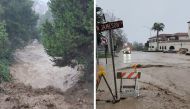 A view of flood waters in Montecito Creek in Montecito, California, U.S., January 9, 2023 in this screen grab obtained from a social media video. Craig/via REUTERS 
