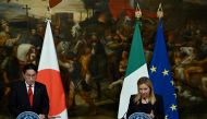 Italy's Prime Minister Giorgia Meloni and Japan's Prime Minister Fumio Kishida address a press conference in Rome's Palazzo Chigi on January 10, 2023. (Photo by Filippo MONTEFORTE / AFP)