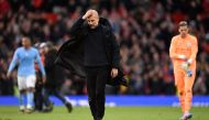 Manchester City's Spanish manager Pep Guardiola reacts after the English Premier League football match between Manchester United and Manchester City at Old Trafford in Manchester, north west England, on January 14, 2023. (Photo by Oli SCARFF / AFP)