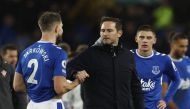 Everton's James Tarkowski and manager Frank Lampard look dejected after the Premier League match against Southampton at Goodison Park, Liverpool, Britain on January 14, 2023. Action Images via Reuters/Jason Cairnduff 