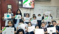 Students during an activity held at Shantiniketan Indian School to mark World Hindi Day.