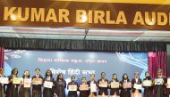 Students of Birla Public School during an event to mark World Hindi Day.