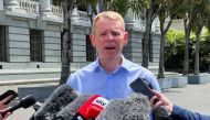 Chris Hipkins speaks to members of the media, after being confirmed as the only nomination to replace Jacinda Ardern as leader of the Labour Party, outside New Zealand's parliament in Wellington, New Zealand January 21 2023. REUTERS/Lucy Craymer