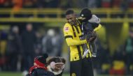 Borussia Dortmund's Sebastien Haller with family celebrate after the Borussia Dortmund v FC Augsburg match at the Bundesliga, Signal Iduna Park, Dortmund, Germany, January 22, 2023. (REUTERS/Leon Kuegeler)
