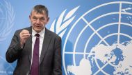 The United Nations Relief and Works Agency for Palestine Refugees in the Near East (UNRWA) Commissioner-General Philippe Lazzarini arrives to a press conference in Geneva on January 24, 2023.  (Photo by Fabrice COFFRINI / AFP)