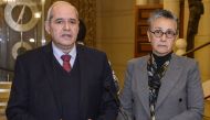 Lebanese deputies Melhem Khalaf (left) and Najat Saliba giving a statement to the press at the end of a session in the parliament building, in the capital Beirut, in this handout photo provided by the Lebanese Parliament on January 19, 2023. (AFP)