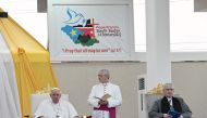 Pope Francis looks on during the Ecumenical prayer at the John Garang Mausoleum in Juba, South Sudan, on February 4, 2023. (Photo by Tiziana FABI / AFP)