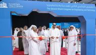 Prime Minister and Minister of Interior H E Sheikh Khalid bin Khalifa bin Abdulaziz Al Thani inaugurating an exhibition at the Second World Congress of Engineering and Technology yesterday. 