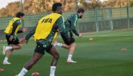Real Madrid's Brazilian forward Vinicius Junior (right) attends a training session in Rabat on February 7, 2023, on the eve of the FIFA Club World Cup semi-final football match against Egypt's Al-Ahly. (Photo by AFP)