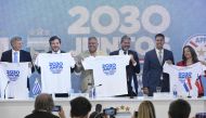 (From left) Uruguayan Sport Secretary Sebastian Bauza, President of Conmebol Alejandro Dominguez, President of the Argentine Football Association Claudio 