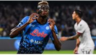 Napoli’s Nigerian forward Victor Osimhen celebrates after scoring his side’s third goal during the Italian Serie A footbal match between Napoli and Bologna on October 16, 2022 at the Diego-Maradona stadium in Naples. File photo / AFP

