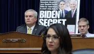 With a poster of a New York Post front page story about Hunter Biden's emails on display, Committee Chairman Rep. James Comer, Rep. Jim Jordon and Rep. Lauren Boebert listen during a hearing before the House Oversight and Accountability Committee at Rayburn House Office Building on Capitol Hill on February 8, 2023 in Washington, DC. Alex Wong/Getty Images/AFP