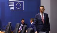 Poland's Prime Minister Mateusz Morawiecki attends a bilateral meeting with EU leaders as part of a EU summit in Brussels, on February 9, 2023.  (Photo by JOHANNA GERON / POOL / AFP)