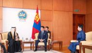 President of Mongolia H E Ukhnaagiin Khurelsukh with Ambassador of Qatar H E Mohammed bin Abdullah Al Dehaimi.
