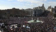 Thousands gather at Cibeles square during a demonstration in defense of the public healthcare in Madrid on February 12, 2023. (Photo by Pierre-Philippe Marcou / AFP)