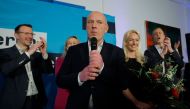 Christian Democratic Union (CDU) party's top candidate Kai Wegner delivers his speech after the first exit poll results for the Berlin state's repeat elections at the State parliament in Berlin on February 12, 2023. (Photo by Odd ANDERSEN / AFP)