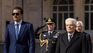 Amir H H Sheikh Tamim bin Hamad Al Thani with President of the Italian Republic H E Sergio Mattarella during an official reception ceremony at the Quirinale Palace in Rome yesterday.