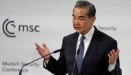 China's Director of the Office of the Central Foreign Affairs Commission Wang Yi delivers a speech at the Munich Security Conference (MSC) in Munich, southern Germany, on February 18, 2023.  (Photo by Odd ANDERSEN / AFP)