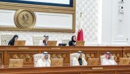 Speaker of Shura Council H E Hassan bin Abdullah Al Ghanim (top centre), Deputy Speaker H E Dr. Hamda bint Hassan Al Sulaiti (left) and Minister of Education and Higher Education H E Buthaina bint Ali Al Jabr Al Nuaimi during the session of the Council, yesterday.
