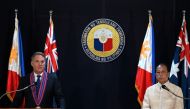Australia Deputy Prime Minister and Defense Minister Richard Marles (L) and Philippine Secretary of Defense Carlito Galvez Jr attend a joint press conference at Camp Aguinaldo in Quezon City on February 22, 2023. (Photo by JAM STA ROSA / AFP)
