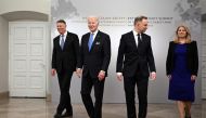 US President Joe Biden  together with the Polish President Andrzej Duda (second right), Romanian President Klaus Iohannis (left) and Slovakian President Zuzana Caputova attend a Bucharest Nine (B9) meeting at the Presidential Palace in Warsaw on February 22, 2023. (Photo by Mandel NGAN / AFP)