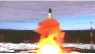 (FILES) In this file photo video grab made from a handout video footage released by the Russian Defence Ministry on April 20, 2022 shows the launching of the Sarmat intercontinental ballistic missile at Plesetsk testing field, Russia. - The Russian President said that Russia has successfully tested the Sarmat intercontinental ballistic missile, saying the next-generation capable of carrying nuclear charges will make Kremlin's enemies 