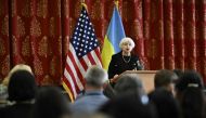 US Secretary of the Treasury Janet yellen adresses school students during her visit to Kyiv on February 27, 2013, amid the Russian invasion of Ukraine. (Photo by Genya Savilov / AFP)