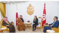 Prime Minister and Minister of Interior H E Sheikh Khalid bin Khalifa bin Abdulaziz Al Thani (second left) meeting Tunisian Prime Minister H E Najla Bouden Romdhane.  