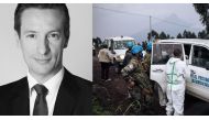 A photo combination of Italian Luca Attanasio and a medical vehicle of the North Kivu hospital loaded with the body of the driver on a road on the edge of the Virunga National Park near the village of Kibumba, some 25km from Goma, where the Italian ambassador to the Democratic Republic of Congo, his bodyguard and driver, were killed earlier when their car came under gunfire while he was on a field trip on February 22, 2021. File photo / AFP
