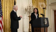 US President Joe Biden listens to Julie Su after nominating her to serve as US Secretary of Labor, in the East room of the White House in Washington, DC, March 1, 2023. (Photo by Brendan Smialowski / AFP)