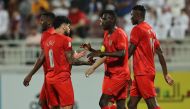 Al Duhail players celebrate a goal against Al Arabi during their QSL match yesterday.