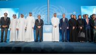 Speaker of the Shura Council H E Hassan bin Abdullah Al Ghanim (fourth left); Deputy Prime Minister and Minister of Foreign Affairs H E Sheikh Mohammed bin Abdulrahman Al Thani (sixth left); Secretary-General of the United Nations H E Antonio Guterres (fifth left) and Their Excellencies the Ministers and other officials during the opening of the UN House in Lusail, yesterday.